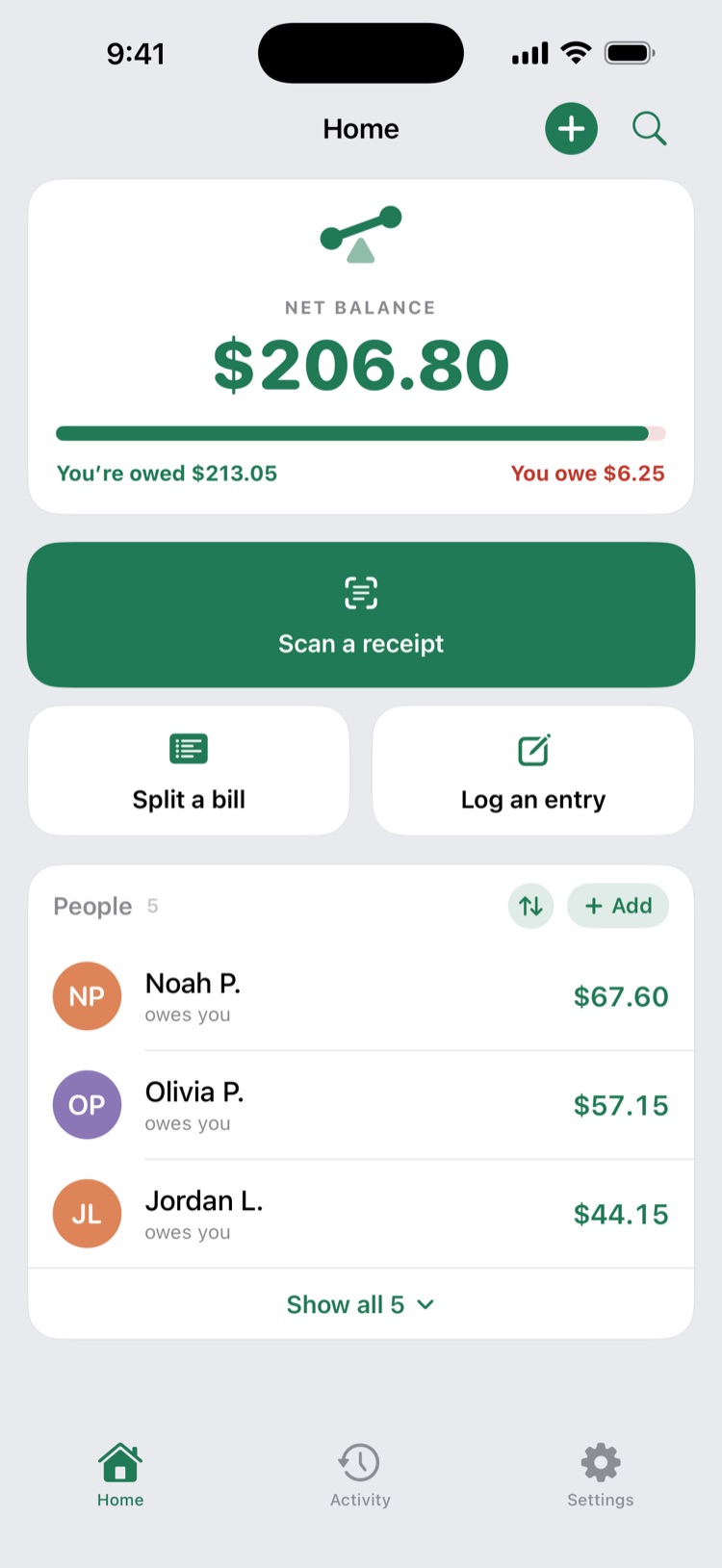 Even Up's home screen showing a net balance of $206.80.