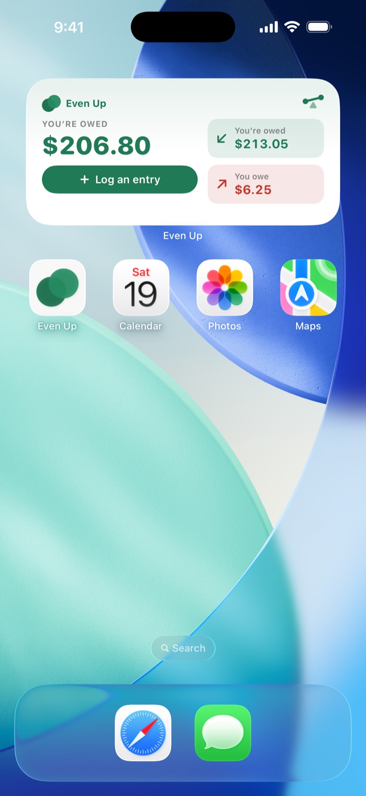 The Even Up widget on the Home Screen.