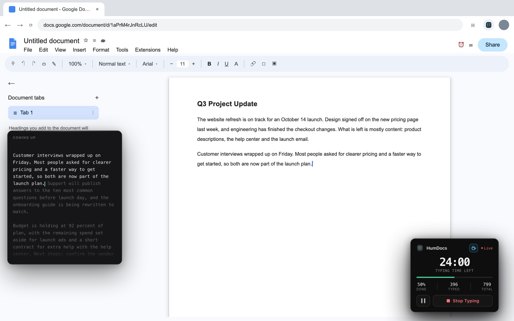HumDocs typing into a Google Doc: the text still to come on the left, and a timer showing 24:00 left at 50 percent.